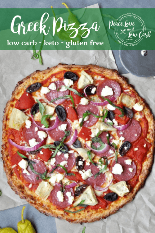 Low Carb Greek Pizza and Low Carb Low Carb Nut Free Pizza Crust. All of the delicious flavors of regular pizza without all of the carbs and gluten. And for those of you with a nut allergy, you are in luck, as this is a nut free crust recipe.