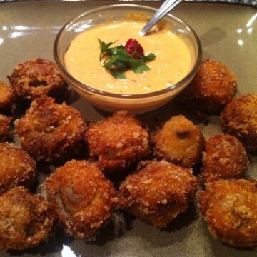 Deep Fried Mushrooms with Red Pepper Aioli Dipping Sauce