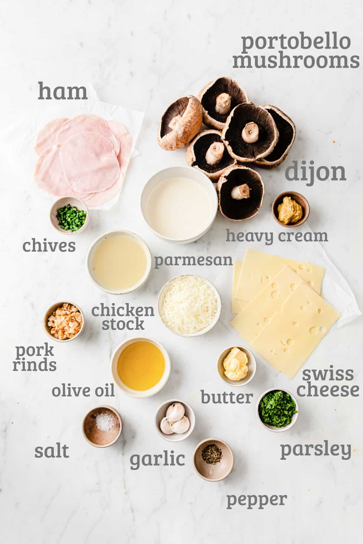 Ingredients for portobello codon bleu - mushrooms, ham, swiss, chives, pork rinds, chicken stock, butter, dijon cream