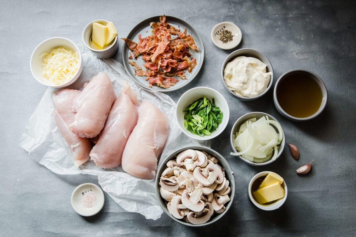 ingredients to make a cheesy sour cream chicken with bacon, onions, mushrooms