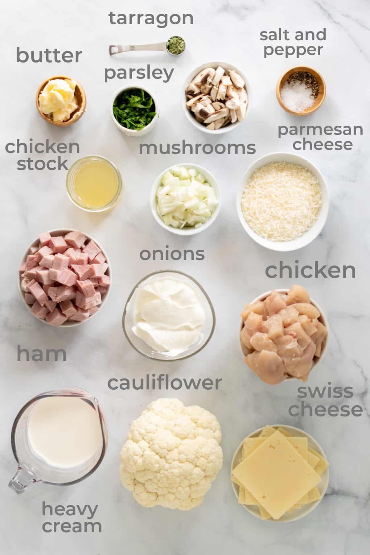 Ingredients all laid out to make a low carb chicken cordon bleu casserole