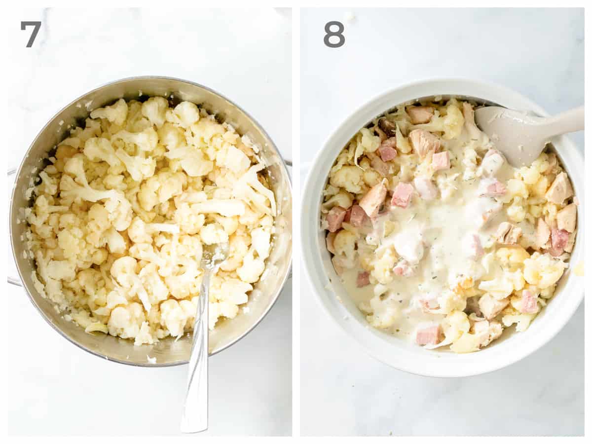 step by step instructions for how to make a low carb casserole with chicken, ham, cheese, cauliflower and mushrooms