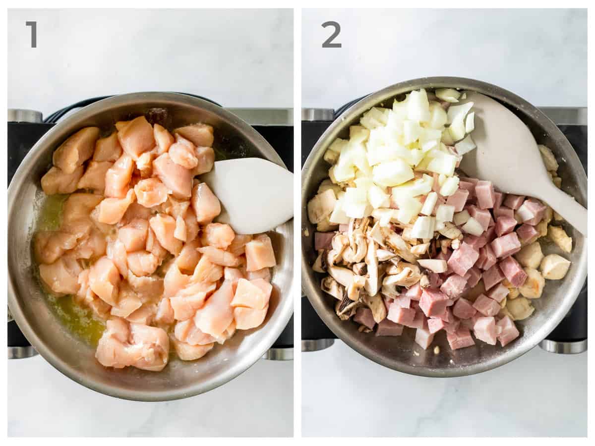 left - raw chicken in a skillet - right - cooked chicken, onions, mushrooms, and ham in a skillet