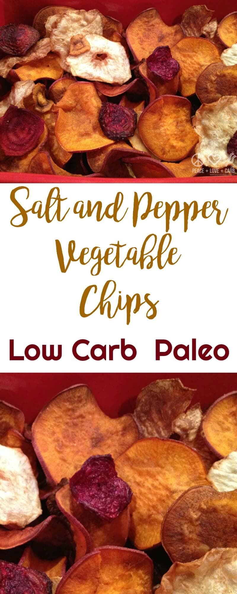 Salt and Pepper Vegetable Chips | Peace Love and Low Carb
#lowcarbchips #lowcarb #veggiechips #paleo #lowcarbrecipe