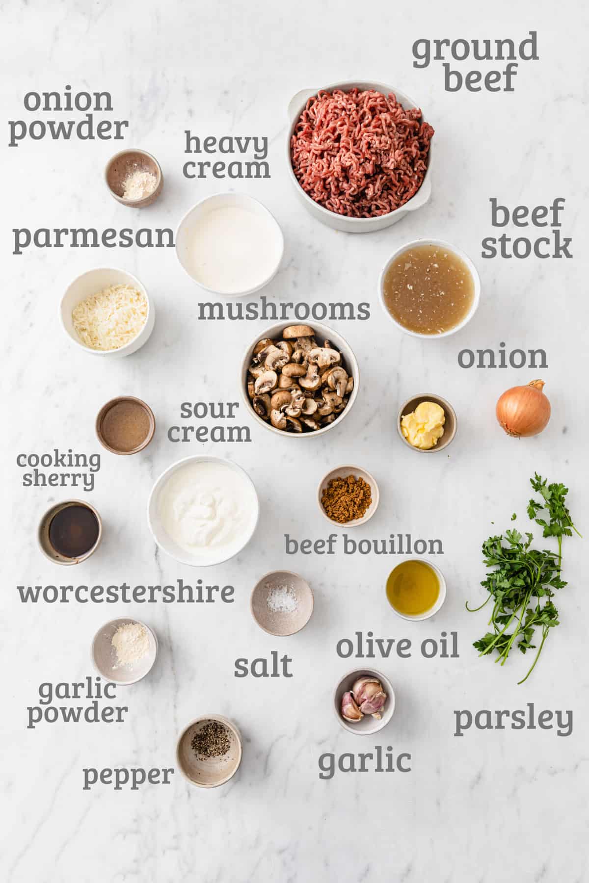 Ingredients for stroganoff burgers - beef, mushrooms, onions, butter, garlic, sour cream, cheese, parsley