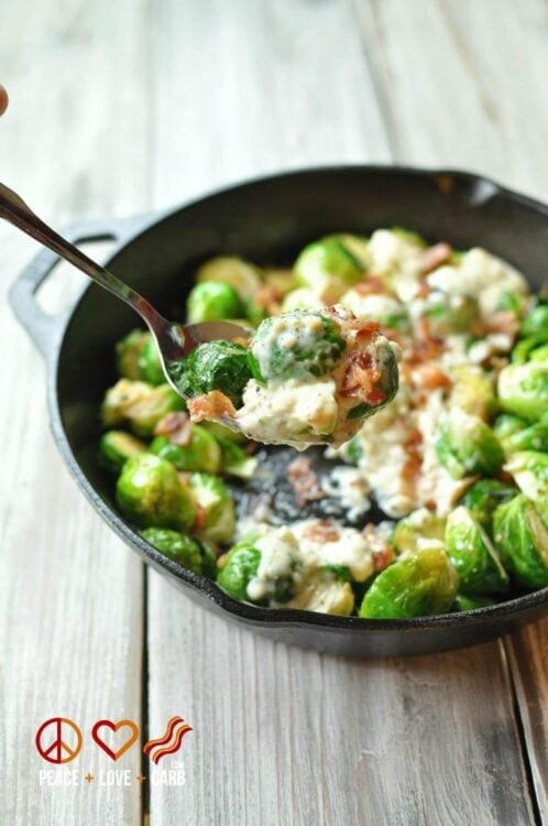 Skillet Roasted Bacon Brussels Sprouts with Garlic Parmesan Cream Sauce