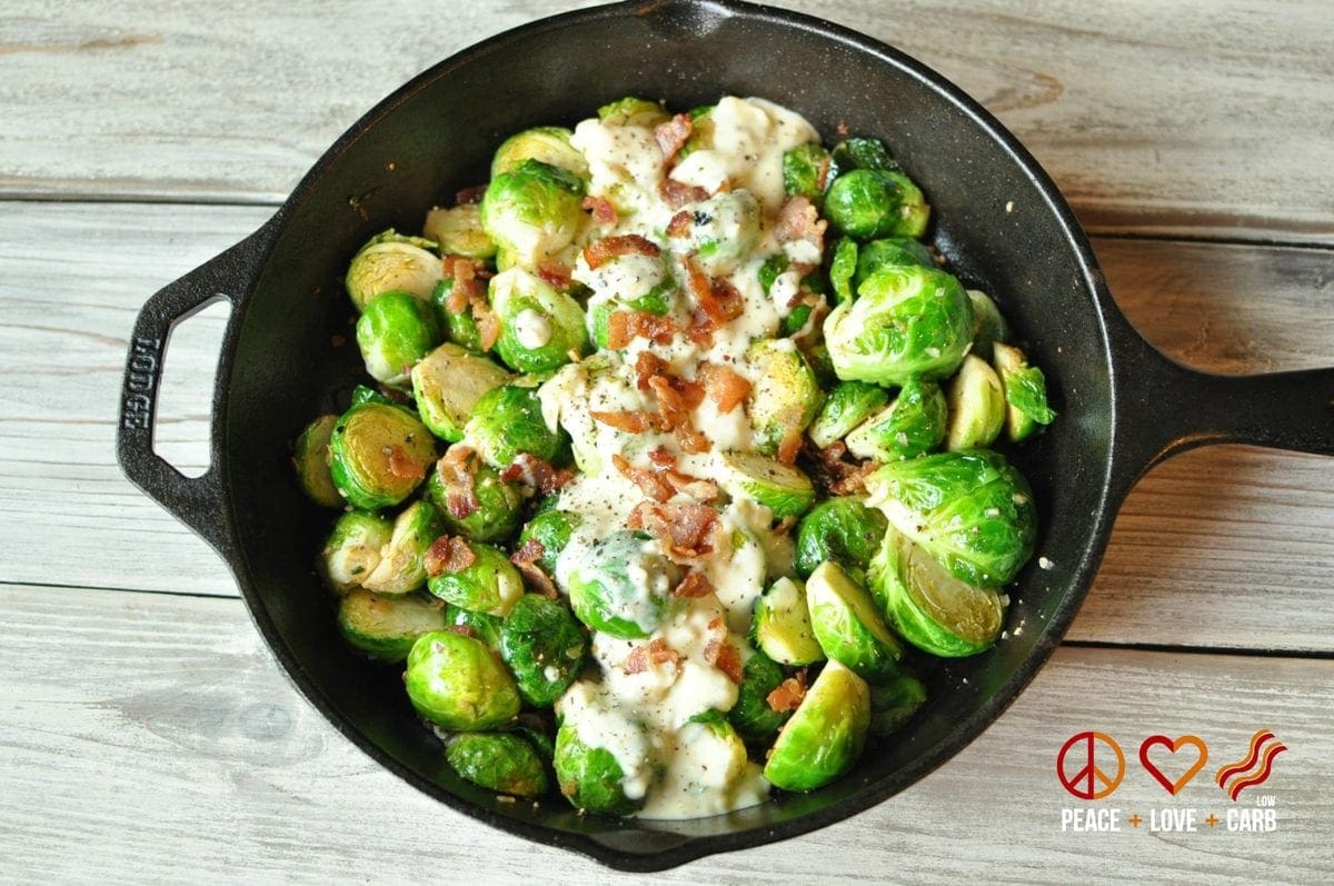 Skillet Roasted Bacon Brussels Sprouts with Garlic Parmesan Cream Sauce