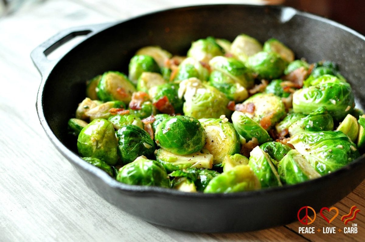 Skillet Roasted Bacon Brussels Sprouts with Garlic Parmesan Cream Sauce