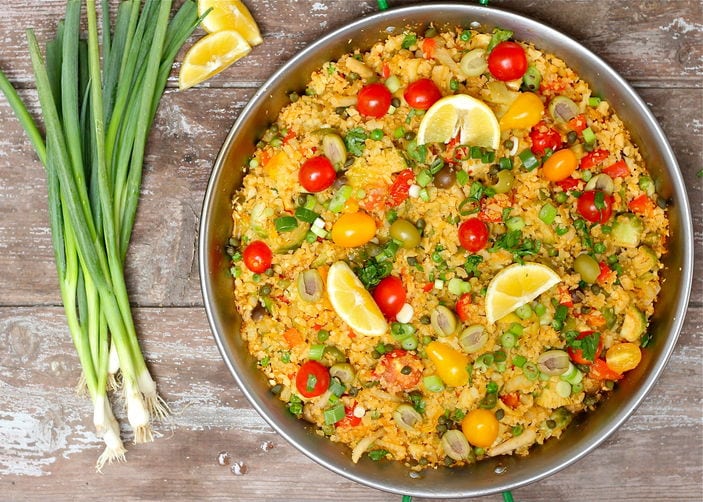 Cauliflower Rice Paella - 20 Low Carb and Gluten Free Cauliflower Rice Recipes | Peace Love and Low Carb
