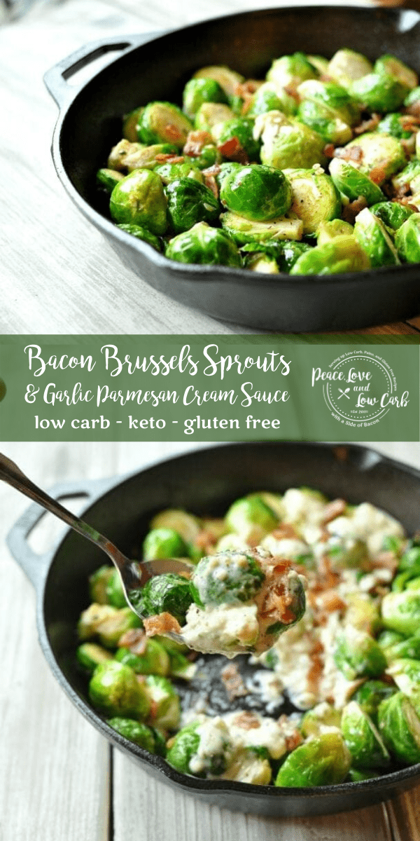 Skillet Roasted Bacon Brussels Sprouts with Garlic Parmesan Cream Sauce