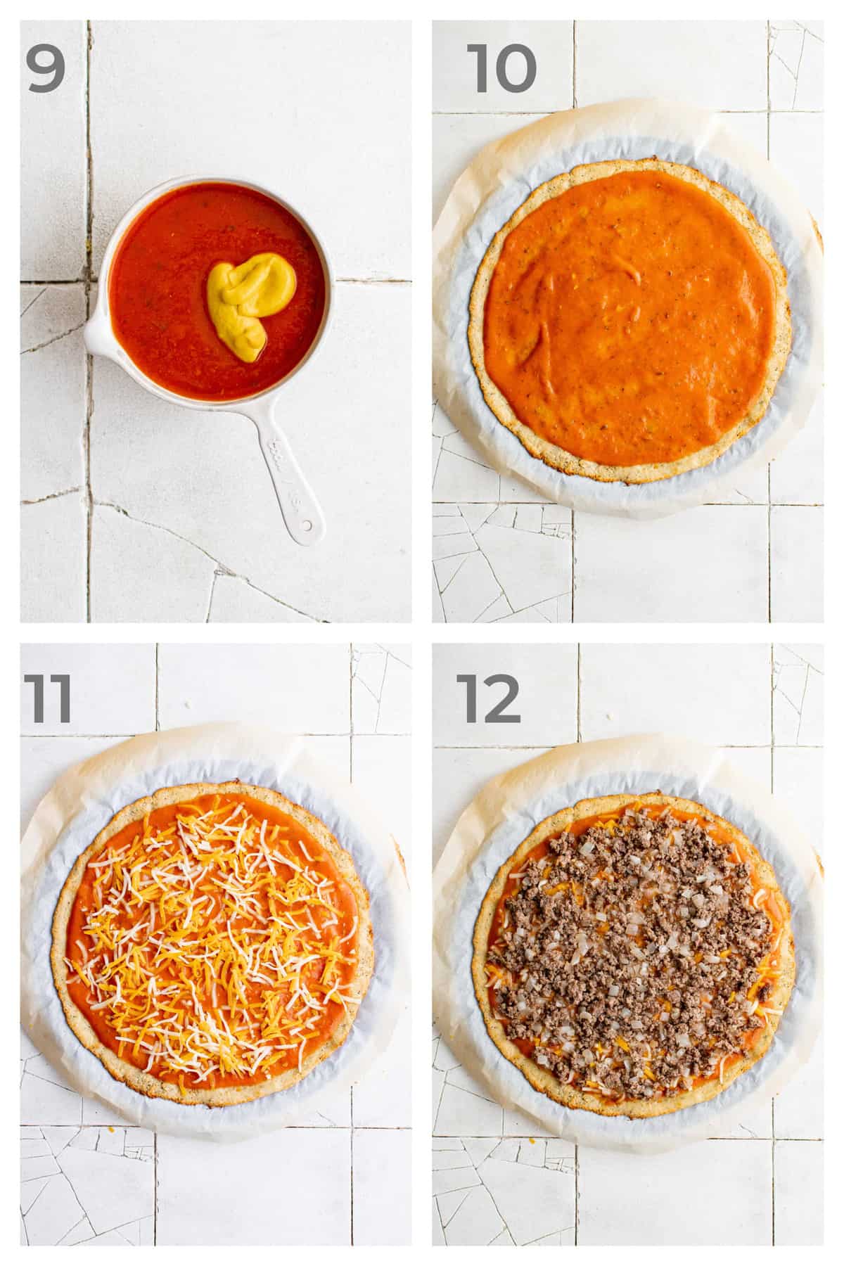 Step by step directions for piling toppings on a homemade pizza