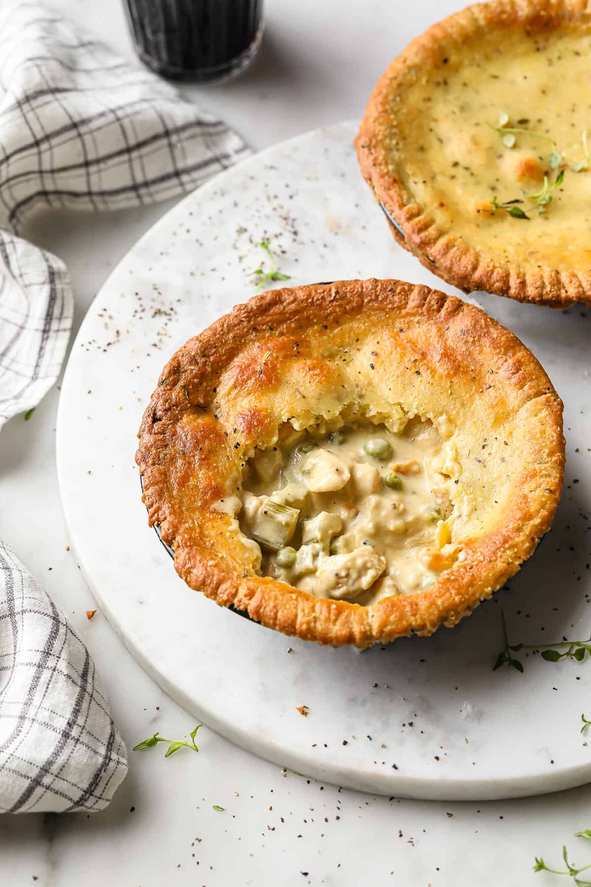 a single serving low carb pot pie with a few bites taken out of it