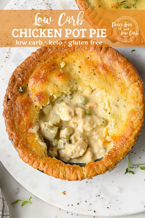 a single serving low carb pot pie with a few bites taken out of it