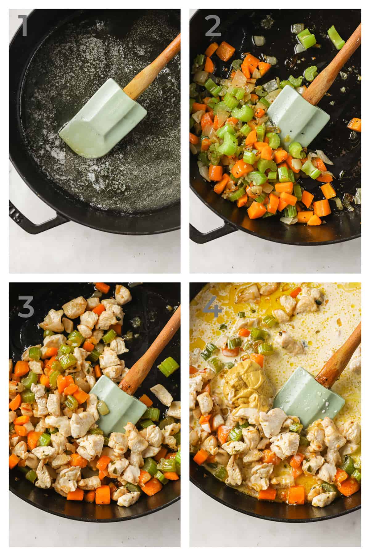 Step by step instructions on how to make the filling for chicken pot pie