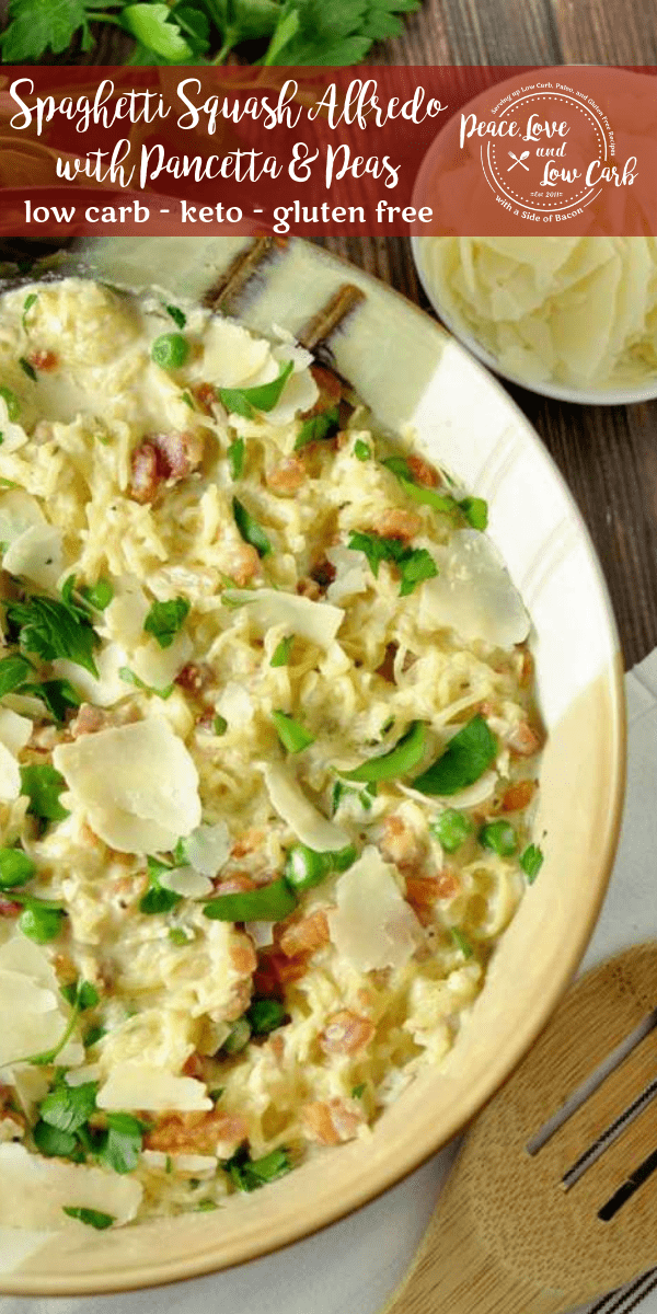 Low Carb Alfredo with Spaghetti Squash, Pancetta, and Peas