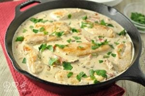 Chicken and Mushrooms with Roasted Red Pepper Alfredo Sauce
