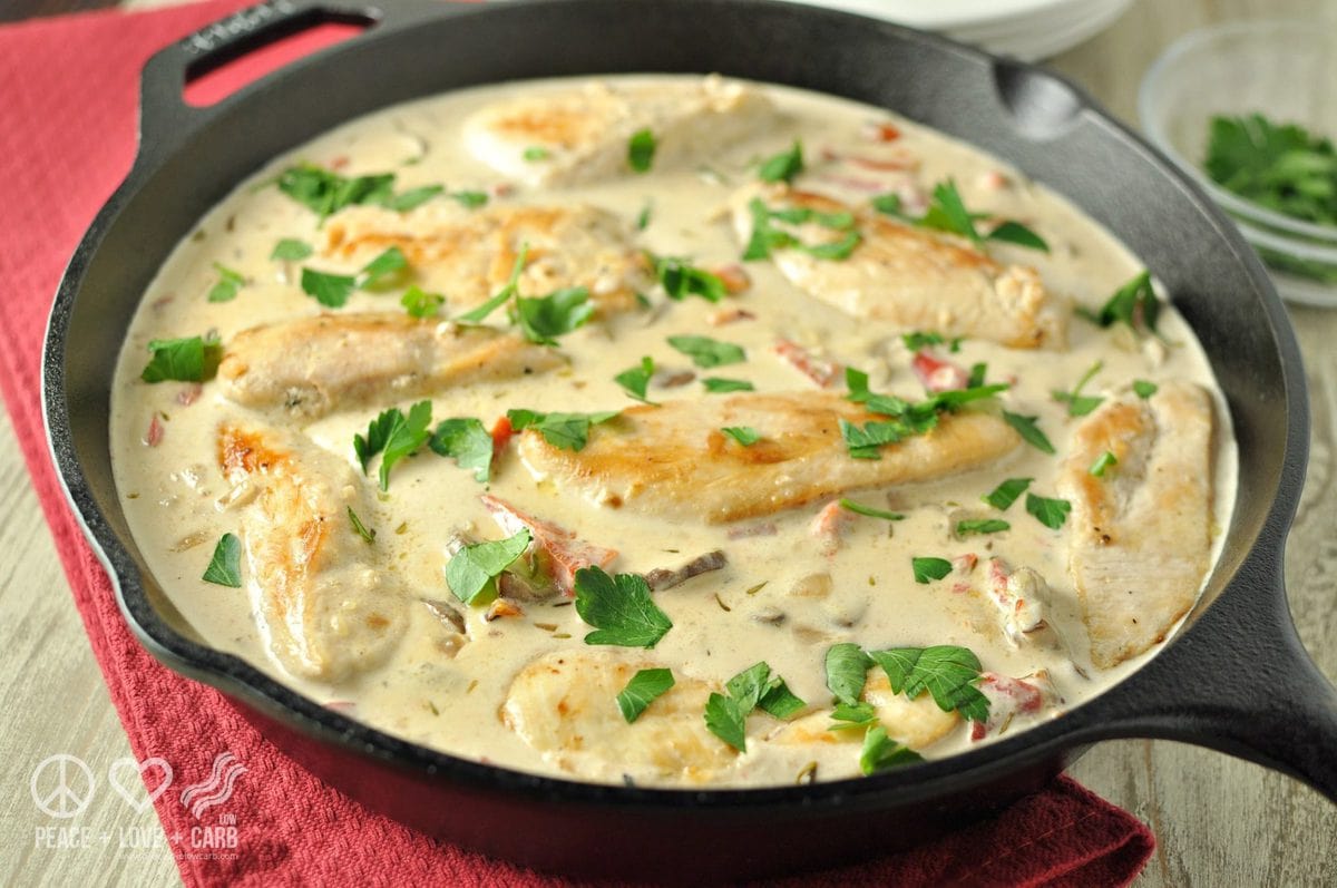 Chicken and Mushrooms with Roasted Red Pepper Alfredo Sauce - Low Carb, Gluten Free | Peace Love and Low Carb