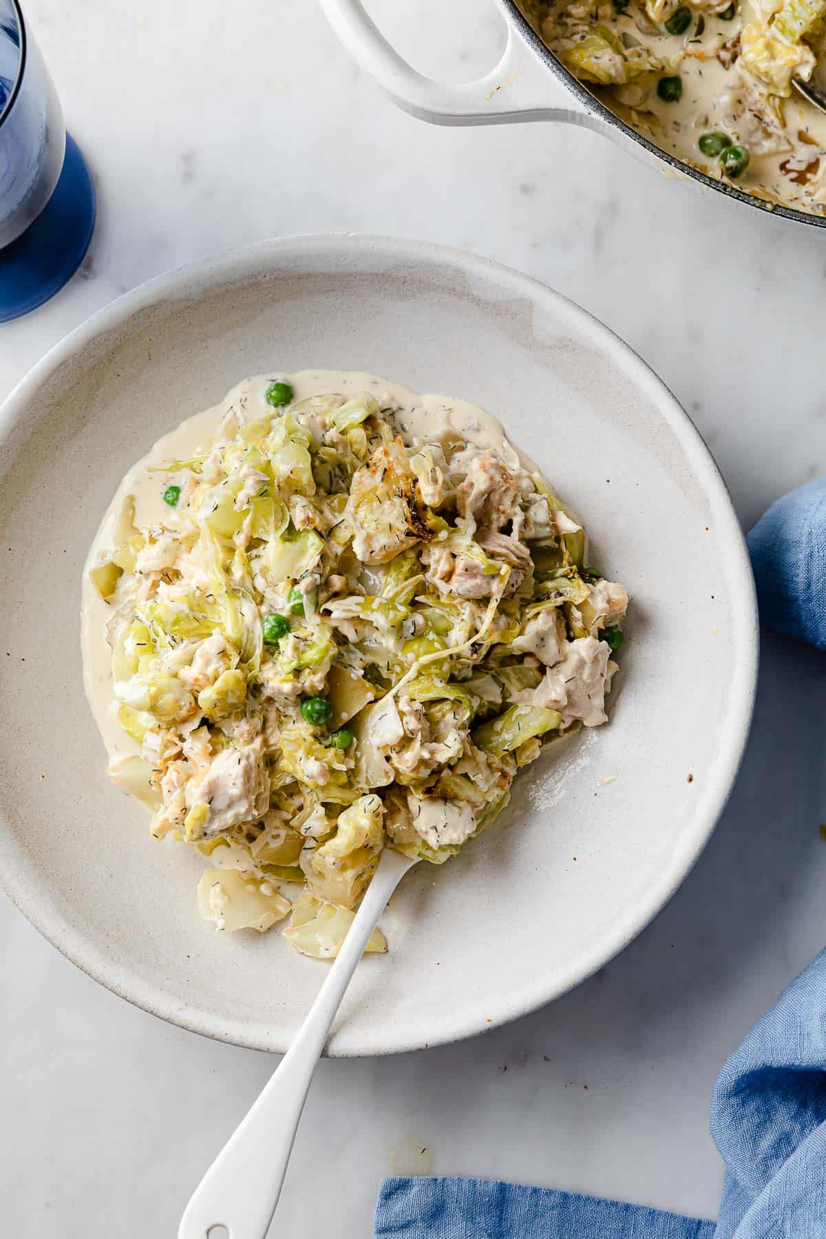 white plate with a serving of low carb cabbage noodle tuna casserole