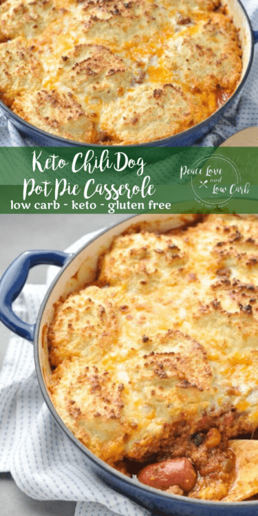 Low carb and gluten free Keto Chili Dog Pot Pie Casserole. So many delicious things, all in one casserole: grass-fed hot dogs, chili, biscuits. YUM!