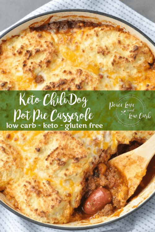Low carb and gluten free Keto Chili Dog Pot Pie Casserole. So many delicious things, all in one casserole: grass-fed hot dogs, chili, biscuits. YUM!