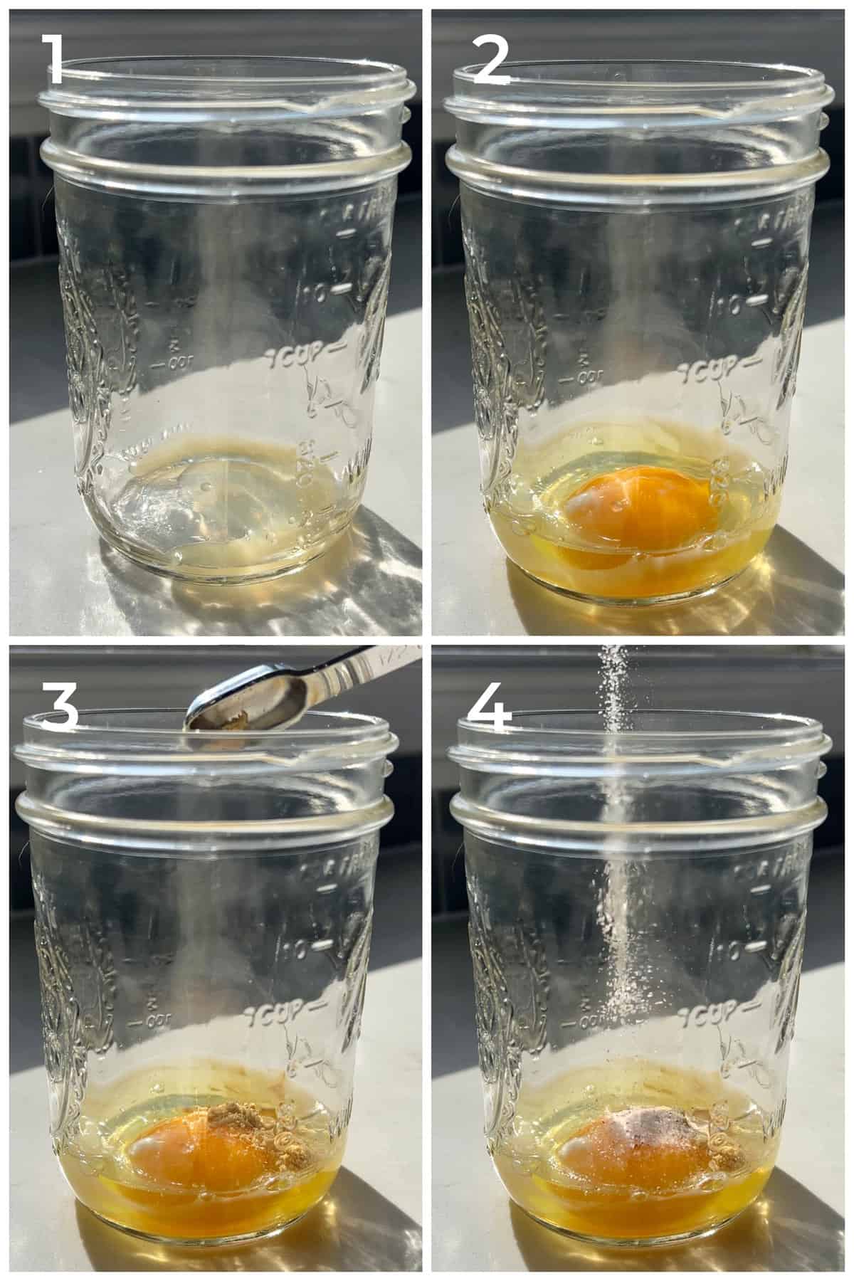 Step by step photos of ingredients being added to a jar to make a homemade mayonnaise.