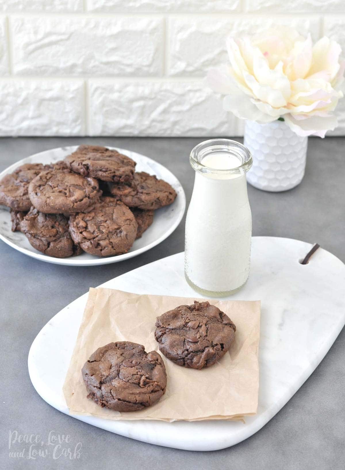 Flourless Keto Chewy Double Chocolate Chip Cookies - Peace Love and Low Carb