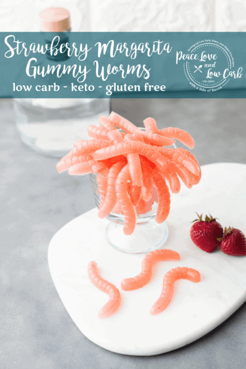 Low Carb Strawberry Margarita Gummy Worms. All the fun of your favorite childhood treat with the adulty (yes, I went there) bonus of tequila!