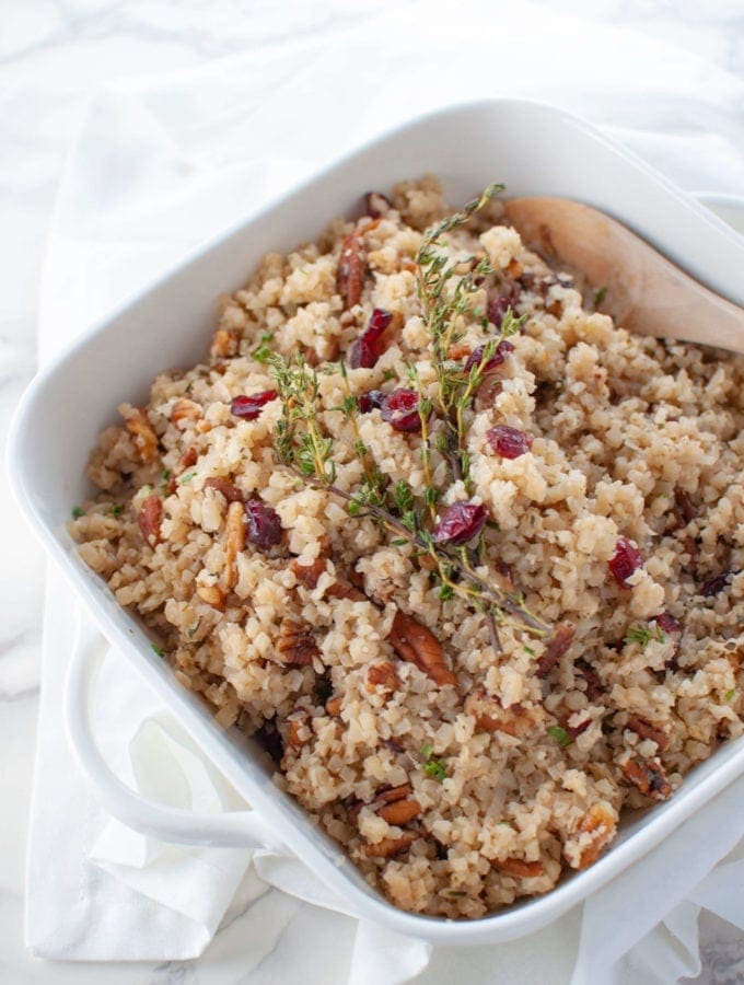 Low Carb Cranberry Pecan Cauliflower Rice Stuffing | Peace Love and Low Carb
