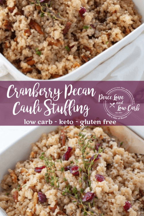 This Cranberry Pecan Cauliflower Rice Low Carb Stuffing is the perfect keto Thanksgiving side dish. You can stuff it inside the turkey in place of tradition stuffing, or you can just serve it on the side.