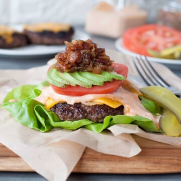Best Ever Keto Bunless Burger - Bacon Jam | Peace Love and Low Carb