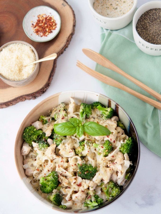 Chicken and Broccoli Fettuccine Alfredo with Pesto | Peace Love and Low Carb