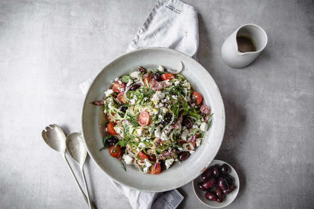 Cucumber Noodle Greek Salad | Peace Love and Low Carb