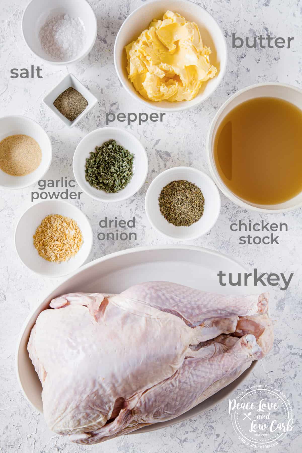 Ingredients laid out to make a butter roasted turkey - turkey, butter, chicken stock, herbs and spices. 