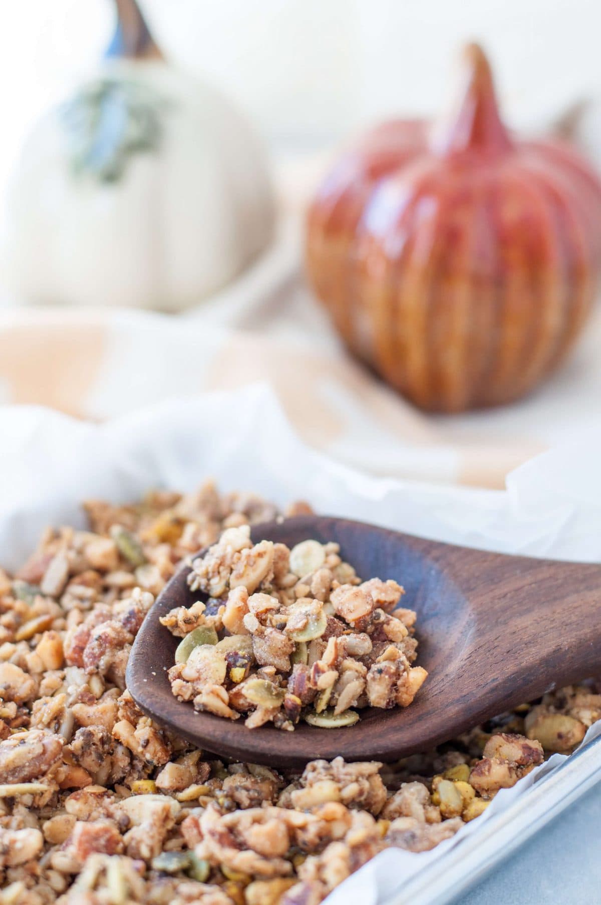 Pumpkin Spice Granola fresh out of the oven on a baking sheet