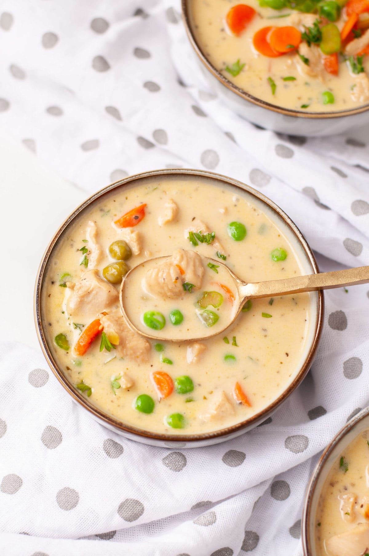 overhead shoot of a bowl of creamy chicken soup topped with carrots, celery, and peas.