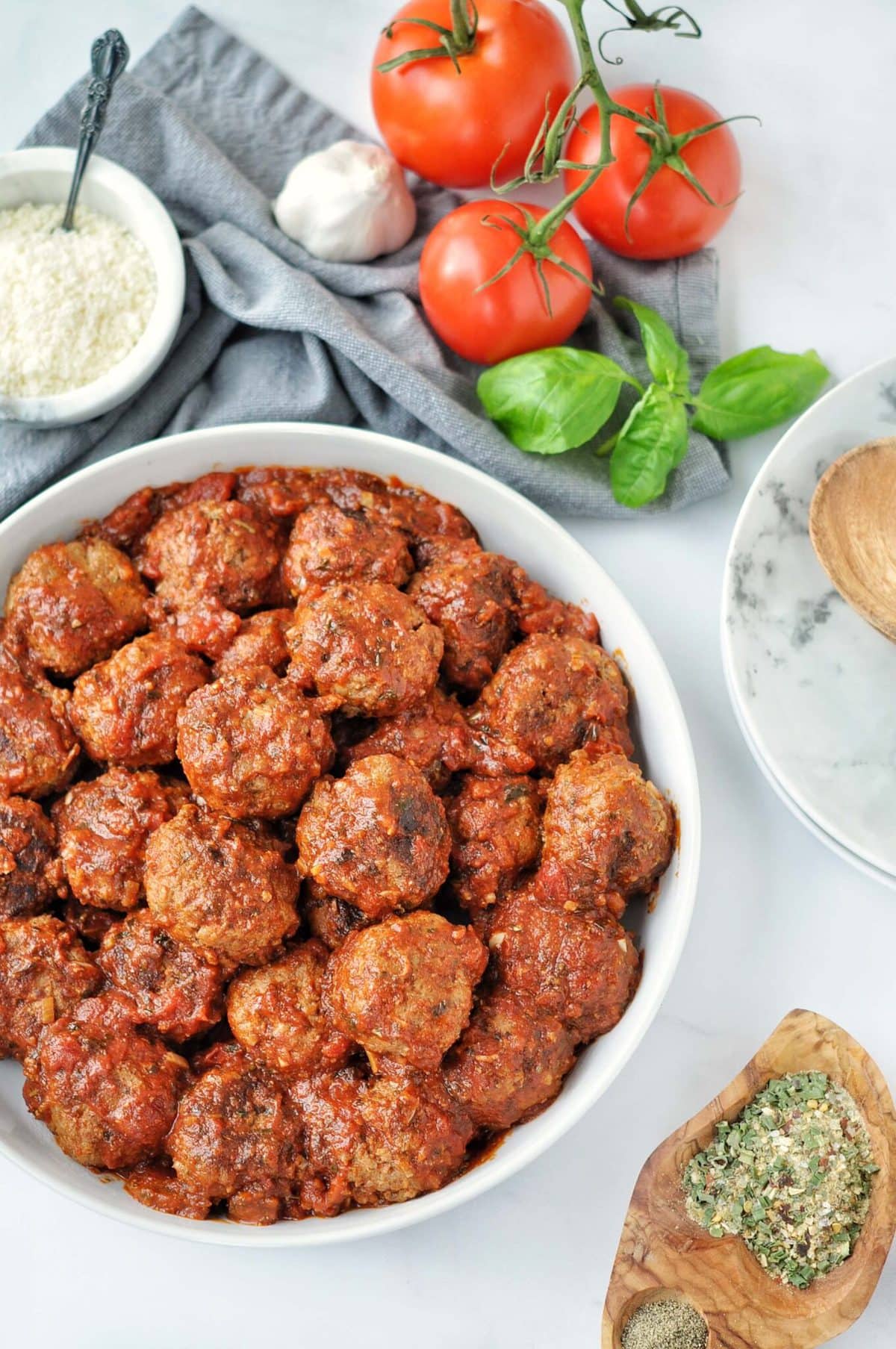 Overhead shot of slow cooked meatballs in tomato sauce
