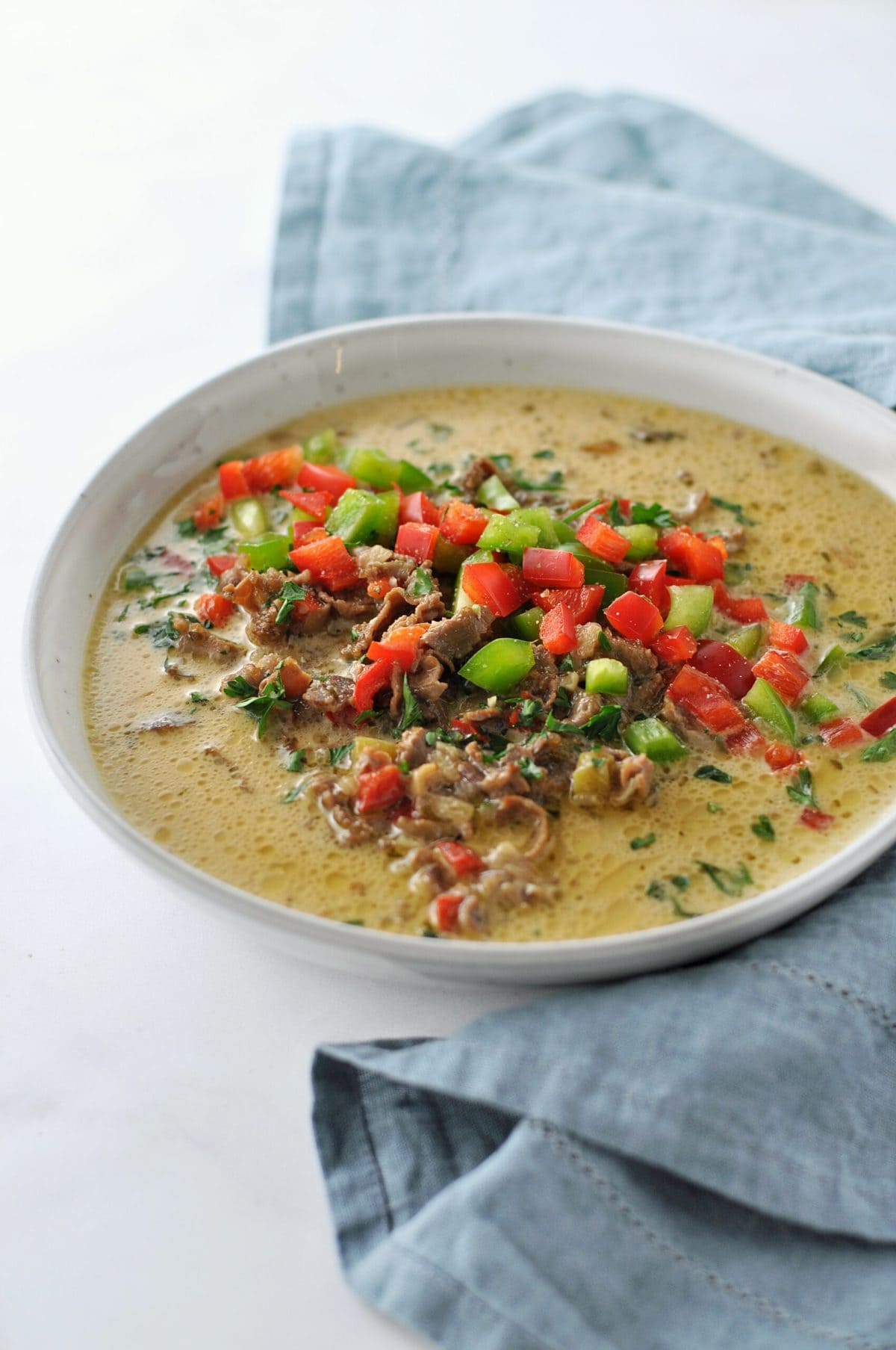 Philly Cheese Steak Soup Served in a Bread Bowl - Easy 30 Minute Meal