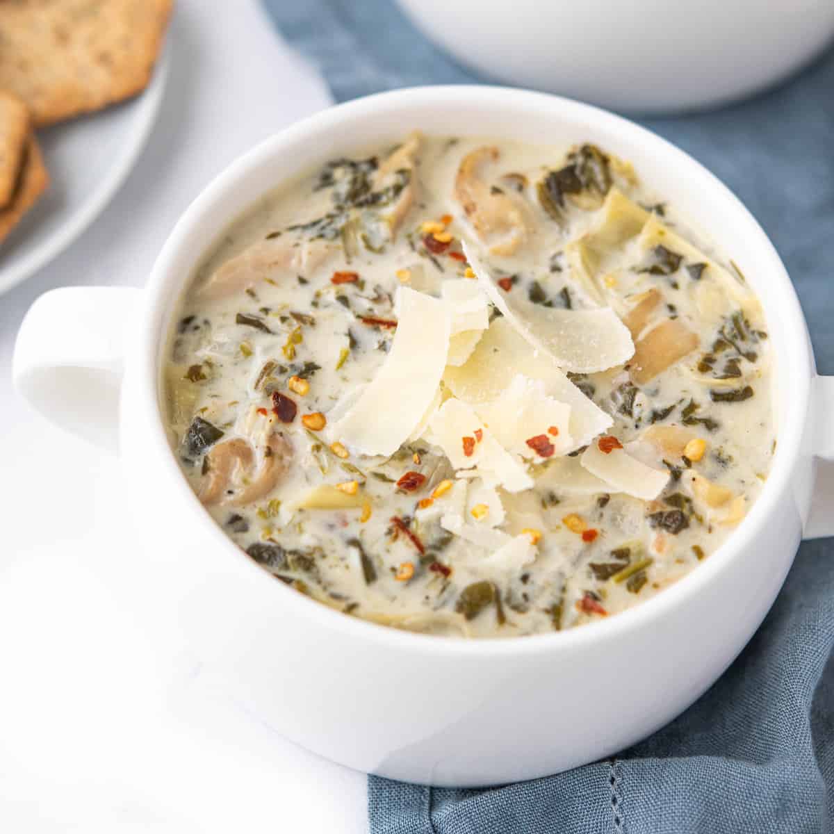 Spinach and Artichoke Dip Chicken Soup - Peace Love and Low Carb