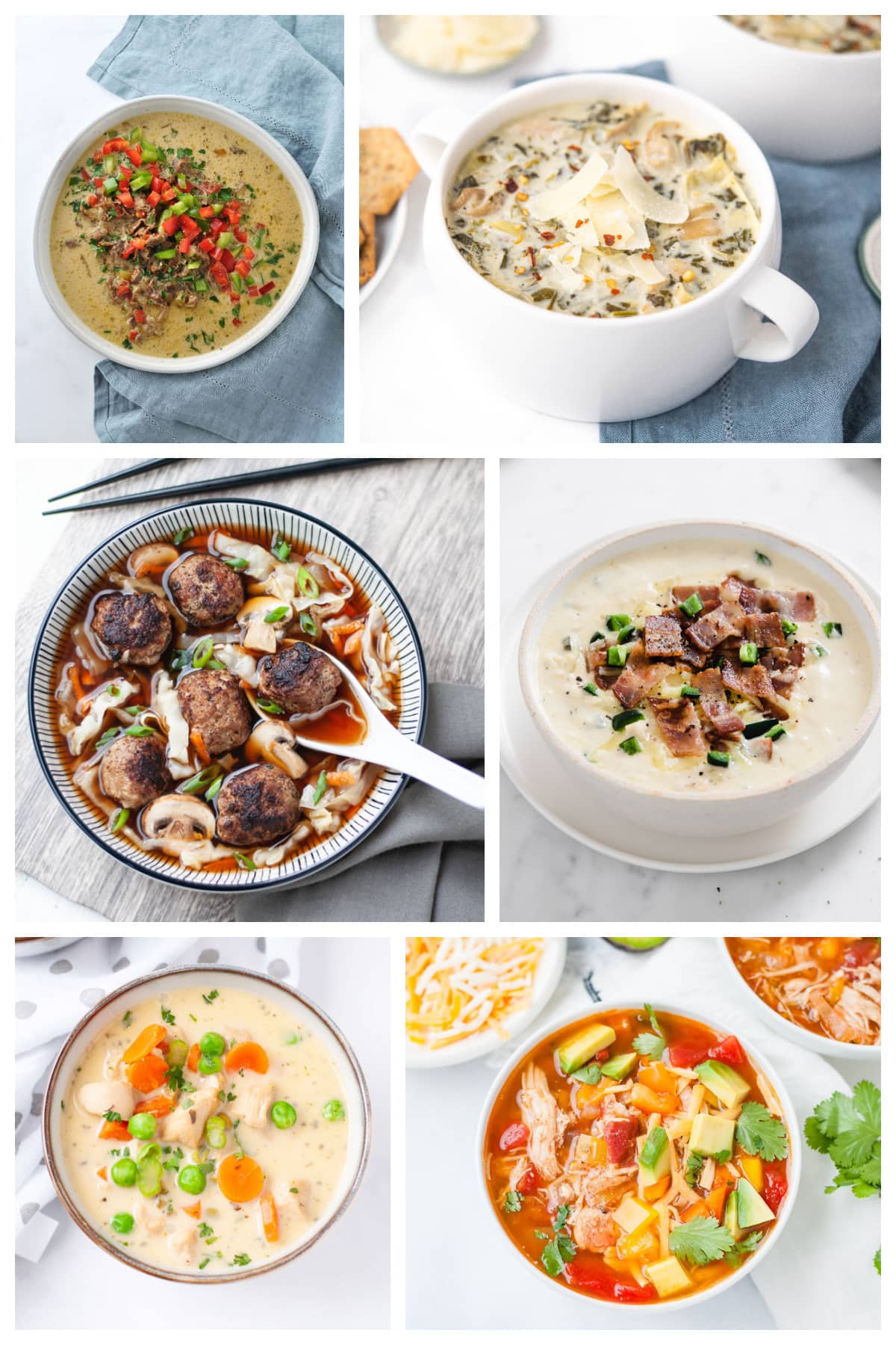 Collage of soup photos for a keto soup recipe round up