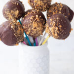 Low Carb Chocolate Peanut Butter Pops on colorful sticks, arranged in a honeycomb pot.