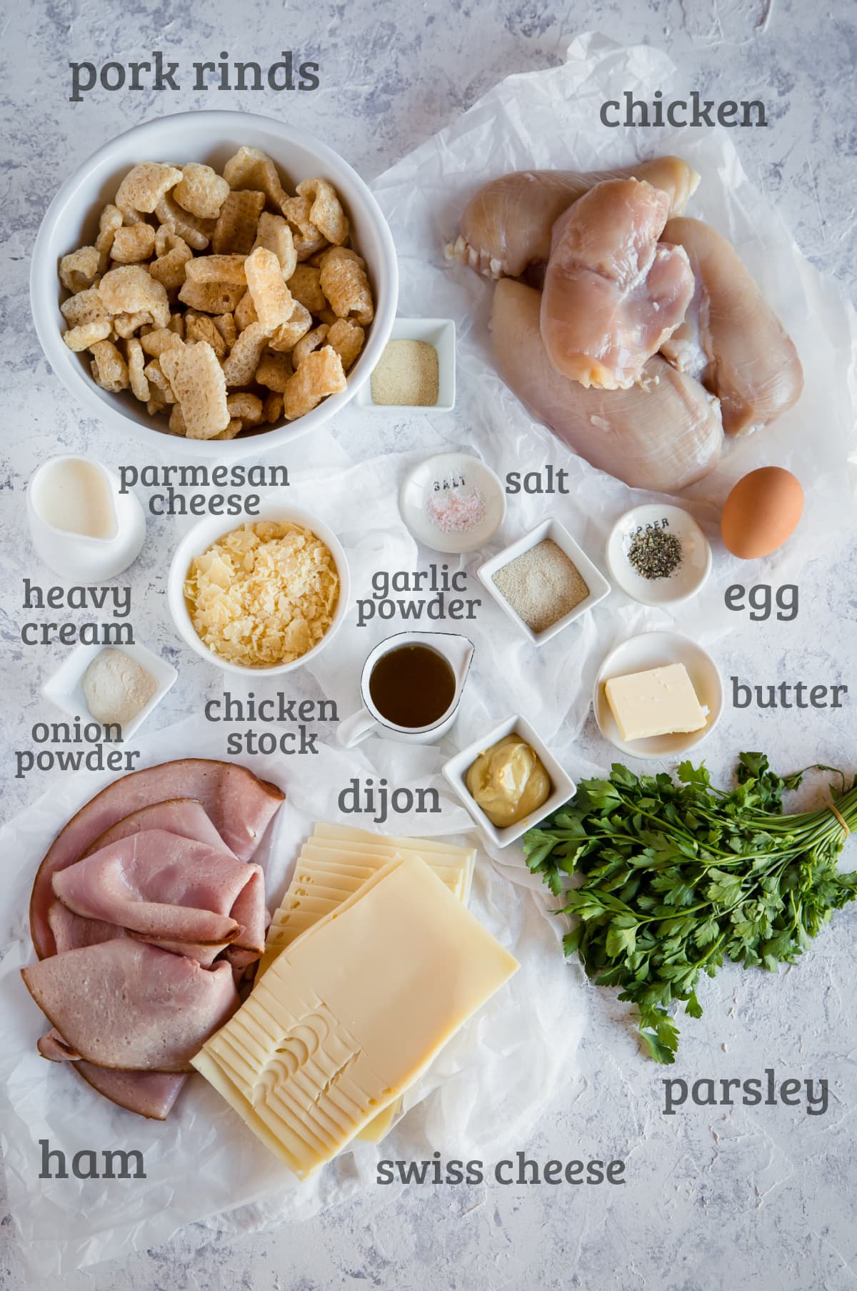ingredients for keto chicken Cordon Bleu - chicken, ham, swiss, parmesan, cream, dijon spices, parsley, pork rinds