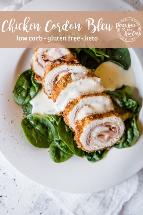 Sliced chicken Cordon Bleu, served on top of fresh spinach, topped with dijon cream sauce
