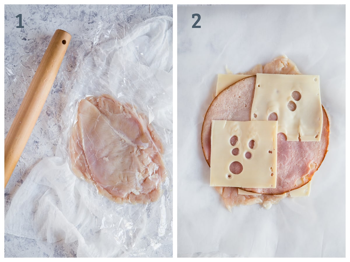 Left - chicken breast between two sheets of cling wrap - Right - thinly pounded chicken breast topped with ham and Swiss 
