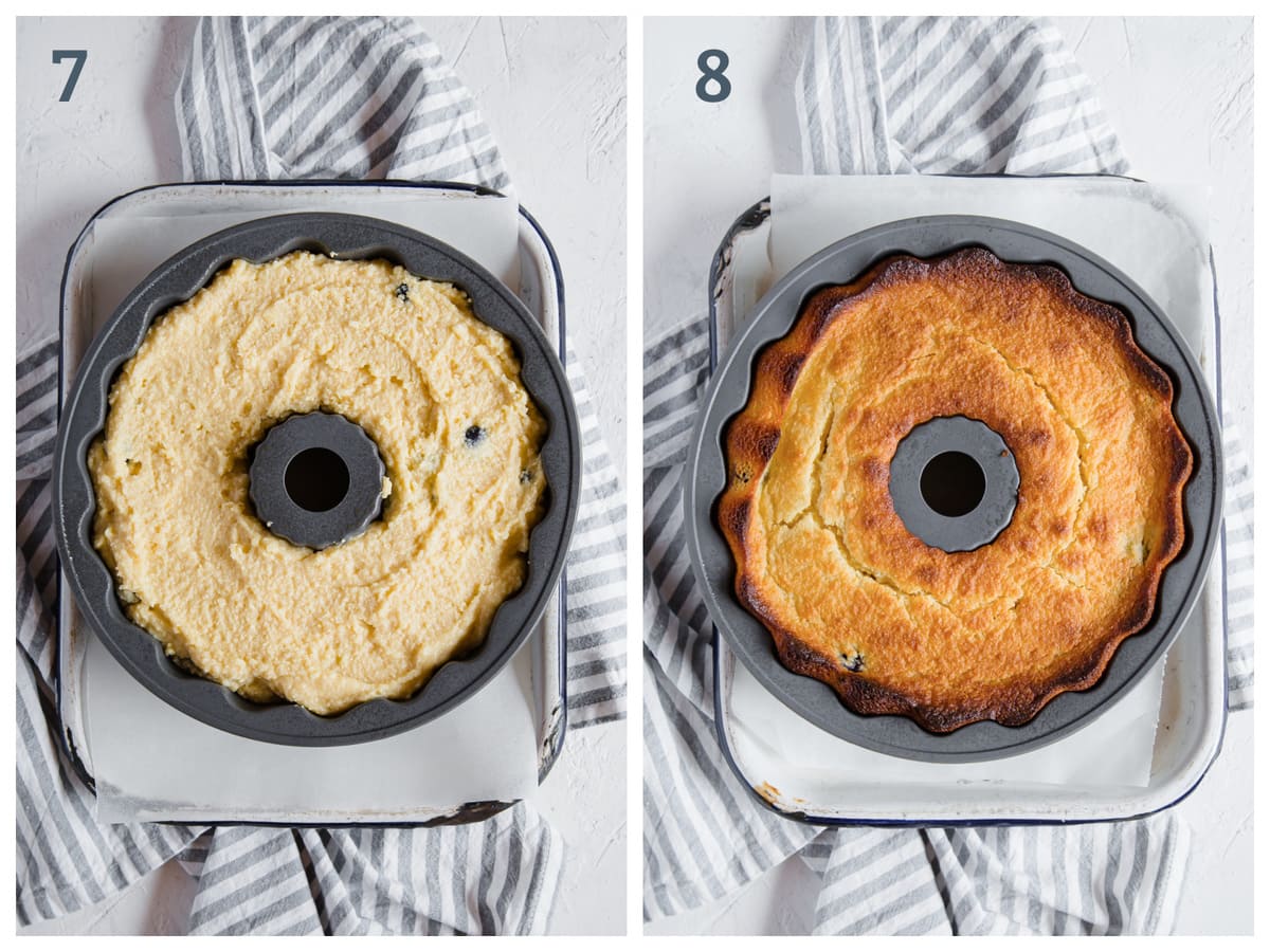 2 side by side images - left - batter for blueberry lemon pound cake in a bundt pan. on the right - the baked cake