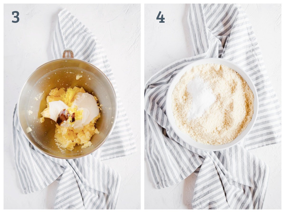 2 images side by side. The first one is sweetener, butter, eggs, ricotta, lemon and vanilla in a mixing bowl. The second is a bowl of almond flour and baking powder
