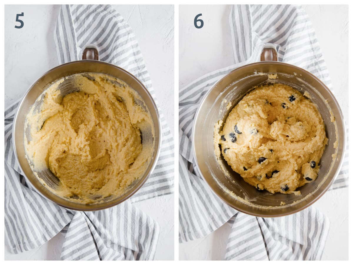 2 images side by side. The first one is sweetener, butter, eggs, ricotta, lemon and vanilla whipped together. The second has fresh blueberries added