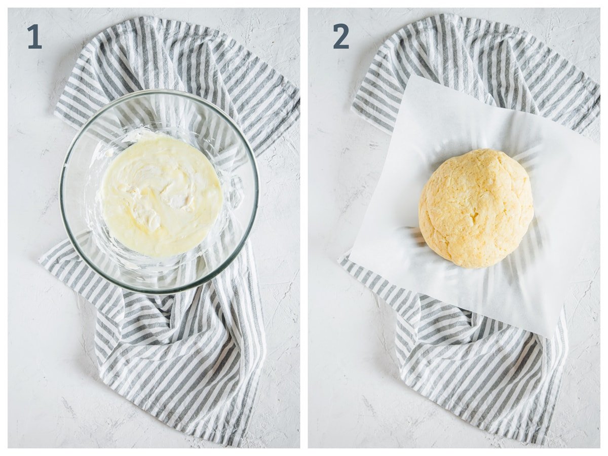 Left - mozzarella cheese and cream cheese melted together. Right - low carb dough made with cheese. almond flour and eggs