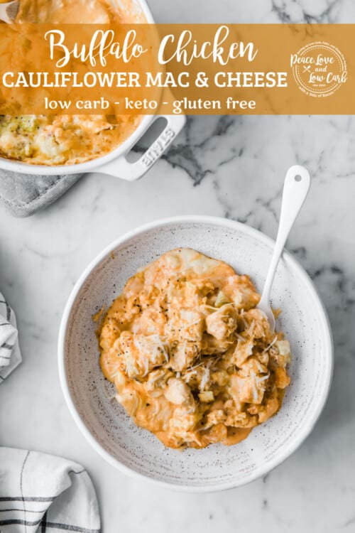 white casserole dish with low carb buffalo chicken Mac and cheese