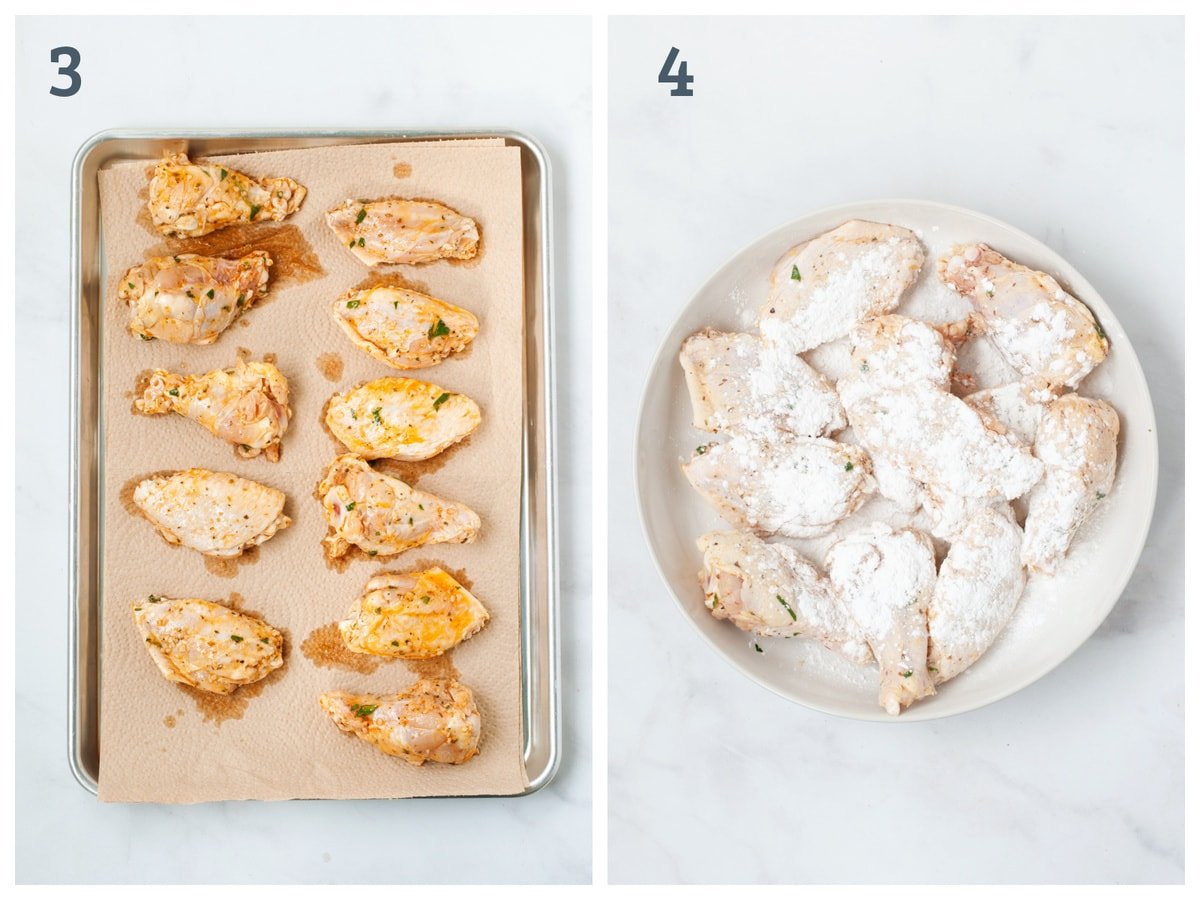 Left - marinated wings drying on paper towels. Right - raw wings coated in baking powder