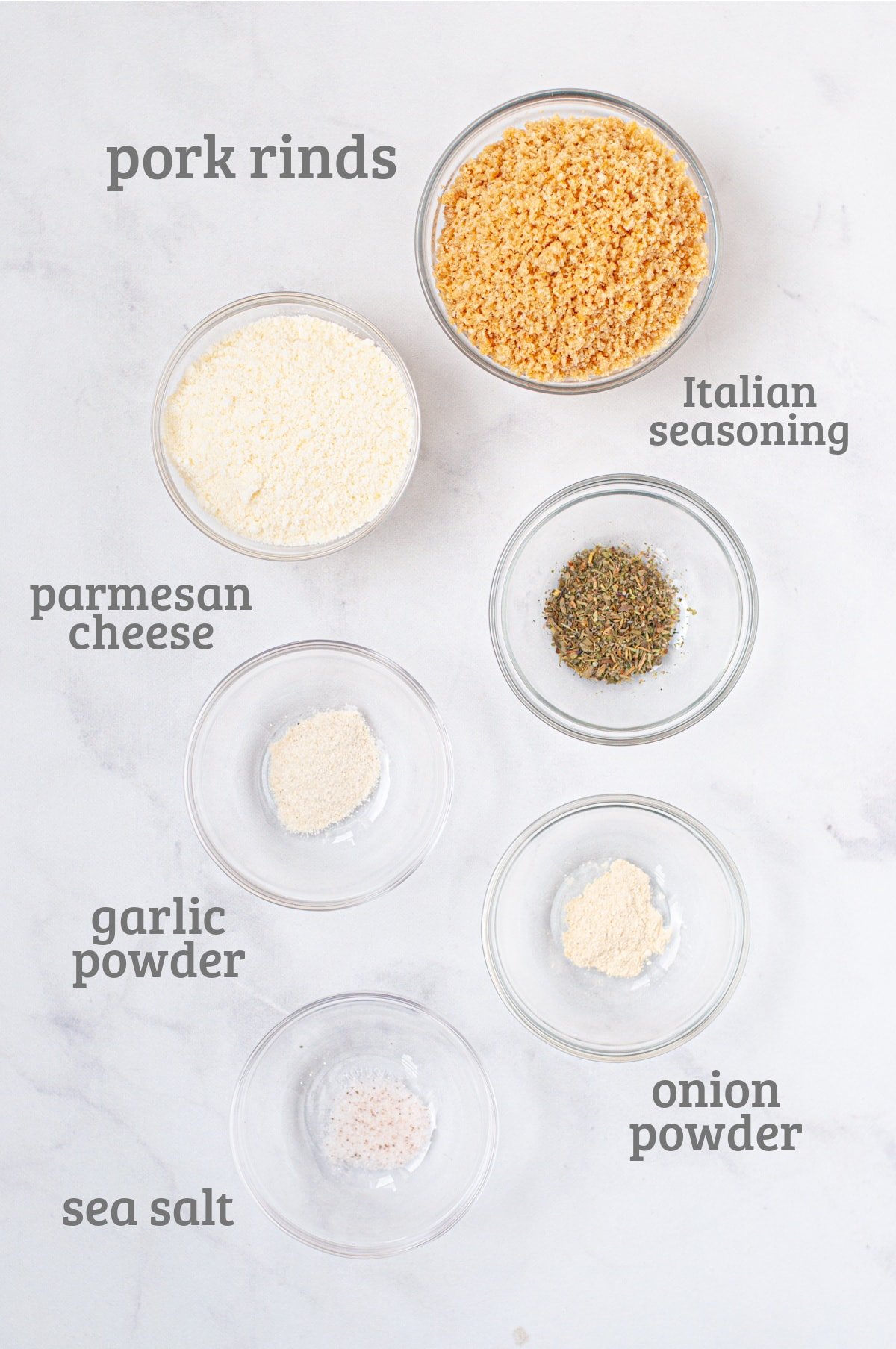 Ingredients for a keto breading mixture - pork rinds, parmesan, onion powder, garlic powder, salt,Italian seasoning